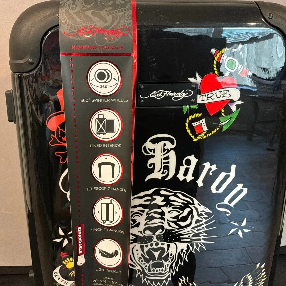 Ed Hardy 20 Inch Carry-On Hardside Luggage Spinner Wheels Tattoo Print
